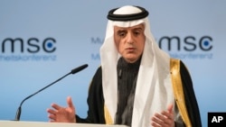 Saudi Arabia's foreign minister, Adel bin Ahmed Al-Jubeir, speaks on the last day of the Munich Security Conference in Munich, Germany, Feb. 19, 2017.