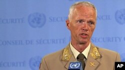 Maj. Gen. Robert Mood, head of the U.N. observer mission in Syria, speaks to reporters at U.N. headquarters in New York, June 19, 2012 