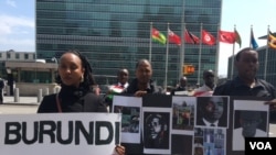 FILE - Members of the Burundian diaspora and exiled civil society leaders gathered at the United Nations, demanding action to stop violence in Burundi, April 26, 2016. (M. Besheer/VOA)