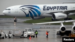 The EgyptAir plane scheduled to make the following flight from Paris to Cairo, after flight MS804 disappeared from radar, taxies on the tarmac at Charles de Gaulle airport in Paris, France, May 19, 2016. 