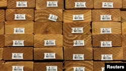 FILE - U.S.-made softwood lumber is shown for sale in Los Angeles, California, April 26, 2017. 
