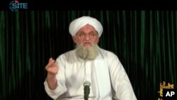 FILE - As frame grabbed image from video provided by the SITE Intel Group, Sept. 11, 2012, an American private terrorist threat analysis company, purports to show al-Qaida's leader Ayman al-Zawahri.
