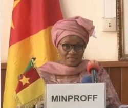 FILE - Marie-Thérèse Abena Ondoa, Cameroon's minister of women's empowerment and the family, in Yaounde, Feb. 2019. (Moki Edwin Kindzeka/VOA)