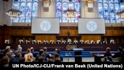 FILE - The International Court of Justice (ICJ), principal judicial organ of the U.N., holds hearings in the case concerning the Application of the International Convention for the Suppression of Financing Terrorism and of the International Convention on the Elimination of All Forms of Racial Discrimination (Ukraine v. Russian Federation) at the Peace Palace in The Hague, March 6, 2017.