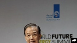 China's Premier Wen Jiabao speaks during the opening ceremony of the World Future Energy Summit at the Abu Dhabi National Exhibition Center, January 16, 2012