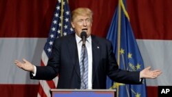 Republican presidential candidate Donald Trump speaks at a rally in Westfield, Ind.