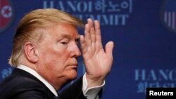 U.S. President Donald Trump reacts during a news conference after his summit with North Korean leader Kim Jong Un, at the JW Marriott Hotel in Hanoi, Vietnam, Feb. 28, 2019. 