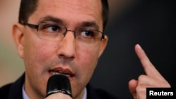 Venezuela's Foreign Minister Jorge Arreaza speaks during a meeting of accredited diplomatic teams in Caracas, Venezuela, Aug. 12, 2017.