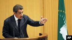 France's President Nicolas Sarkozy addresses the 16th African Union Summit in Ethiopia's capital Addis Ababa, January 30, 2011
