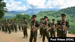 FILE - Kachin Independence Army cadets gather for drills at KIA Headquarters in Laiza, Myanmar, in October. (P. Vrieze/VOA)