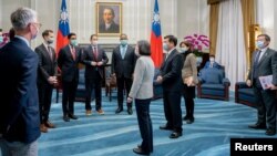 Taiwan President Tsai Ing-wen meets U.S. Representative Ro Khanna, a member of the U.S. House China Select Committee, and other members of the U.S. delegation at the presidential office in Taipei, Taiwan, in this handout photo released Feb. 21, 2023.