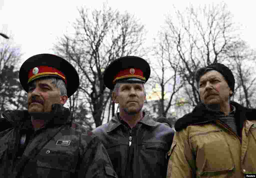 Cossacks attend a pro-Russian rally in Simferopol, Crimea, Ukraine, Feb. 28, 2014. 