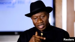 FILE - Nigerian President Goodluck Jonathan speaks to the media on the situation in Chibok.