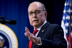 FILE - White House chief economic adviser Larry Kudlow speaks at a conference in the Eisenhower Executive Office Building, on the White House complex, April 17, 2019, in Washington.