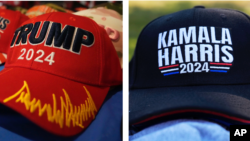 Sản phẩm quảng cáo cho chiến dịch tranh cử tổng thống năm 2024 của cựu Tổng thống Donald Trump và Phó Tổng thống Kamala Harris. Nhiều mặt hàng quảng cáo bầu sản xuất ở Trung Quốc đang tràn ngập thị trường Mỹ.