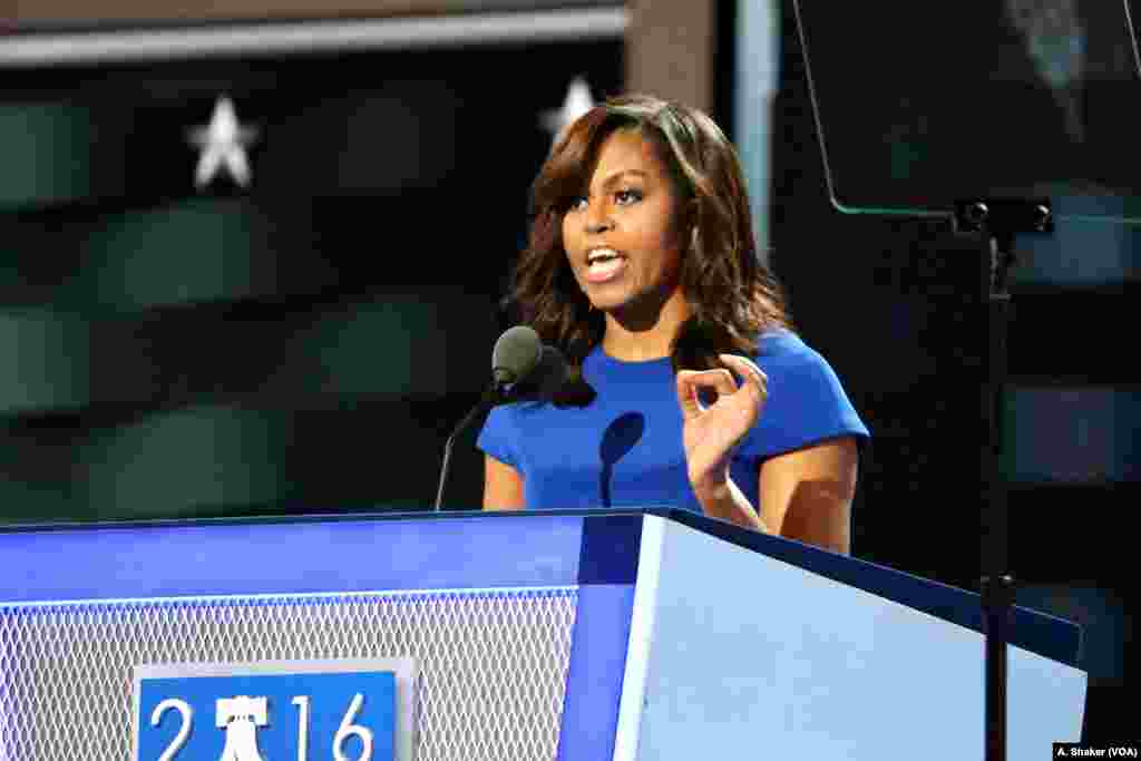 Among the opening night speakers was First Lady Michelle Obama, who urged Democrats to support Hillary Clinton at the Democratic National Convention in Philadelphia (A. Shaker/VOA)