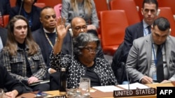 Duta Besar AS untuk PBB Linda Thomas-Greenfield memberikan suara untuk memveto usulan gencatan senjata di Gaza oleh Aljazair pad sidang Dewan Keamanan PBB di Markas Besar PBB di New York City, Selasa 20 Februari 2024.