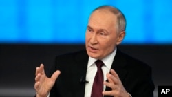 Russian President Vladimir Putin speaks during his annual news conference and call-in show at Gostinny Dvor in Moscow, Russia, Dec. 19, 2024. 