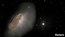 This artist's illustration shows the wayward interstellar visitor 'Oumuamua (pronounced oh-MOO-ah-MOO-ah) racing toward the outskirts of our solar system. (NASA, ESA and Joseph Olmsted and Frank Summers of STScI/Handout via REUTERS)