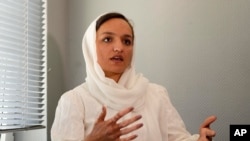 Zarifa Ghafari, former mayor of Maidan Shahr and Afghan women's rights activist, speaks during an interview with the Associated Press at a hotel in Duesseldorf, Germany, Aug. 25, 2021.