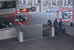 Federal prosecutors say this image from surveillance video shows militia members riding to the Capitol in allegedly stolen golf carts as protesters storm the US Capitol on Jan. 6, 2021.