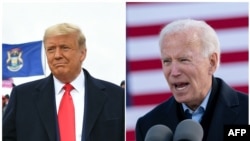 Presiden AS Donald Trump dalam kampanye di Michigan (kiri), sementara Joe Biden berkampanye di Iowa hari Jumat (30/10). 