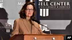 CIA Director Gina Haspel addresses the audience as part of the McConnell Center Distinguished Speaker Series at the University of Louisville, in Louisville, Ky., Sept. 24, 2018. 