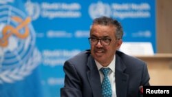 FILE - Tedros Adhanom Ghebreyesus, director general of World Health Organization, attends the virtual 73rd World Health Assembly amid the coronavirus pandemic, in Geneva, Switzerland, May 18, 2020. 
