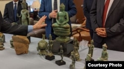 Khmer artifacts were displayed during the handover ceremony to Cambodian government at the Manhattan District Attorney Office, in New York, on June 09, 2021. (Courtesy of Royal Embassy of Cambodia to the United States)