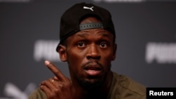 Jamaica's Usain Bolt during a press conference in London, Aug. 1, 2017. 