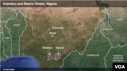 A map of Anambra and Ebonyl states in Nigeria. The attack took place in Anambra state.