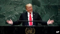 President Donald Trump addresses the 73rd session of the United Nations General Assembly, at U.N. headquarters, Sept. 25, 2018.