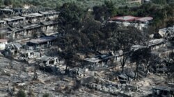 View of the destroyed Moria camp following a fire, on the island of Lesbos, Greece, Sept. 15, 2020.